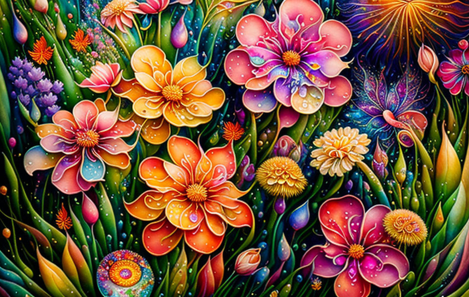 Colorful Stylized Flower Painting in Orange, Pink, Purple & Blue