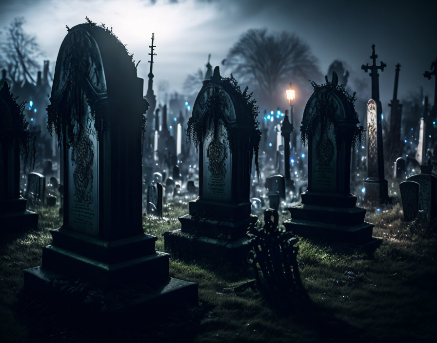 Moonlit Cemetery with Ornate Tombstones and Eerie Glow