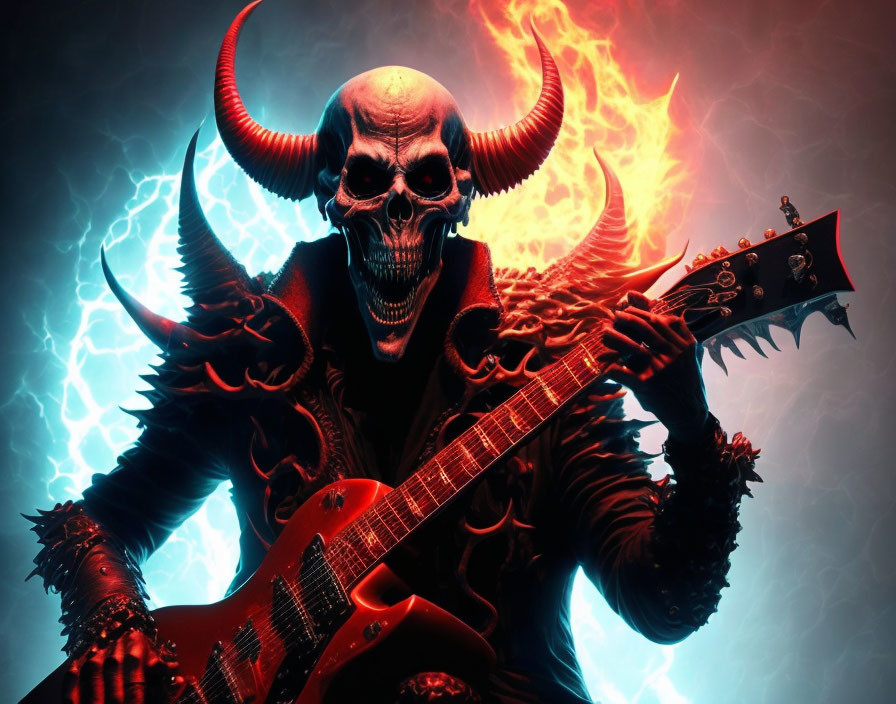 Skull-headed creature with horns playing electric guitar in fiery setting