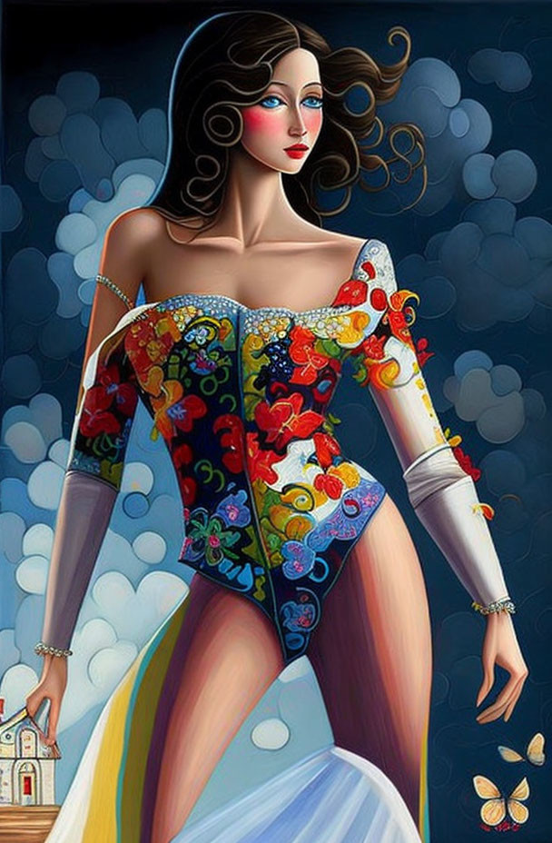 Colorful Stylized Painting of Woman in Flowing Dress & Floral Patterns