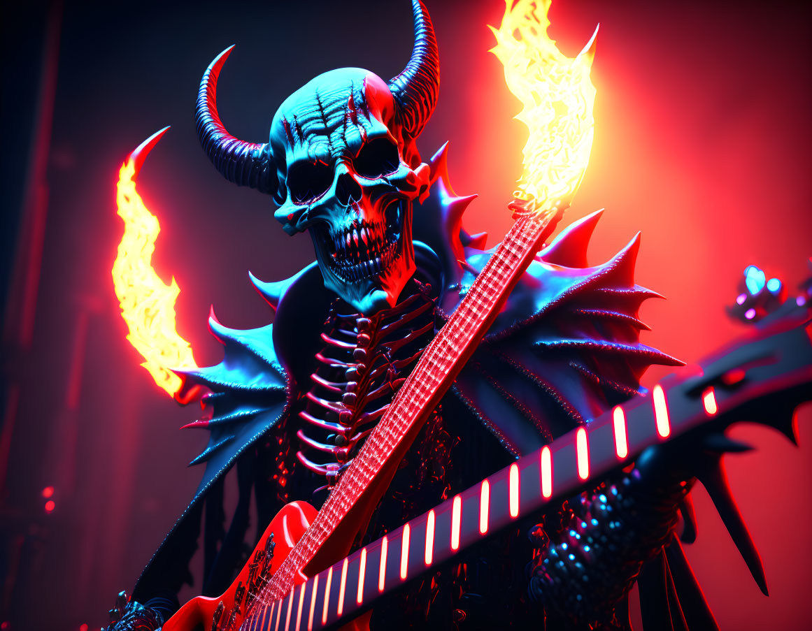 Skeleton in Horned Armor Playing Guitar with Flames and Red Background