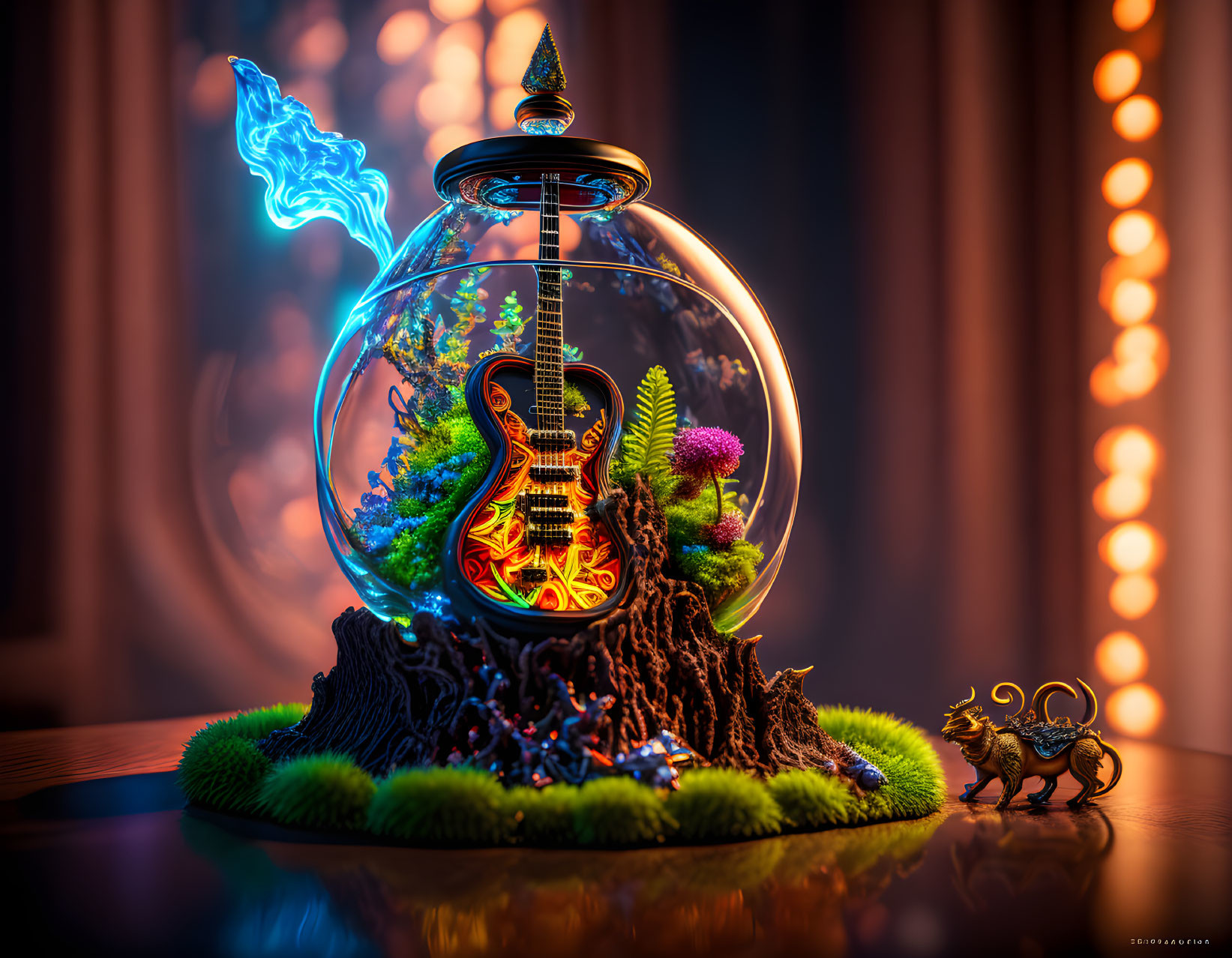 Vibrant miniature tree, glowing guitar, blue flame, goat figure, and bokeh lights in