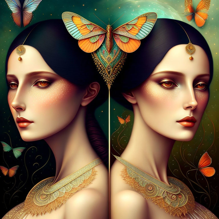 Symmetrical portrait of a woman with butterflies and ornate patterns