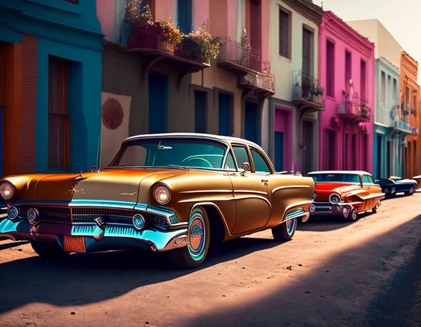 Classic cars on vibrant street with pink and blue buildings