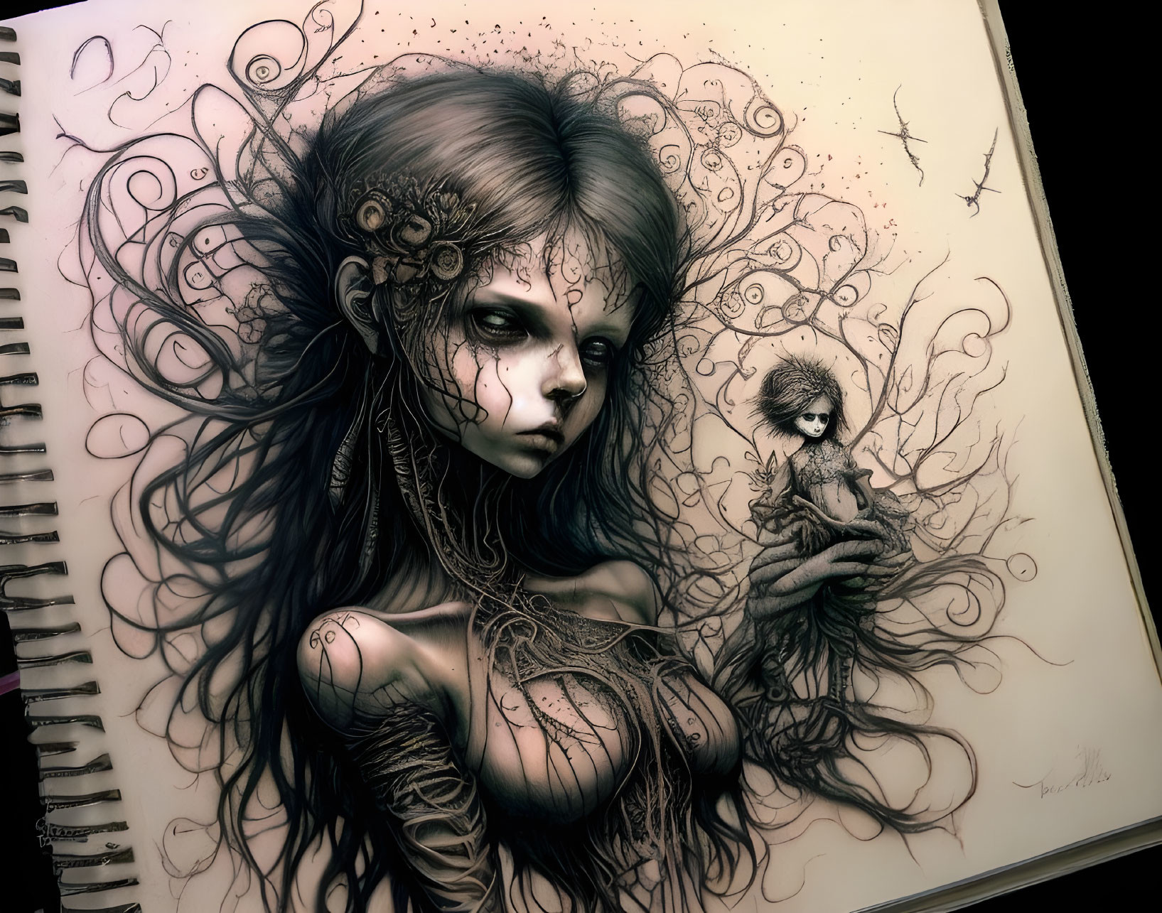 Gothic fantasy female figure with elaborate hair ornaments and sullen expression, holding a small creature,