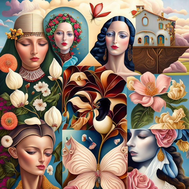 Stylized female portraits with floral and architectural elements in Art Nouveau style