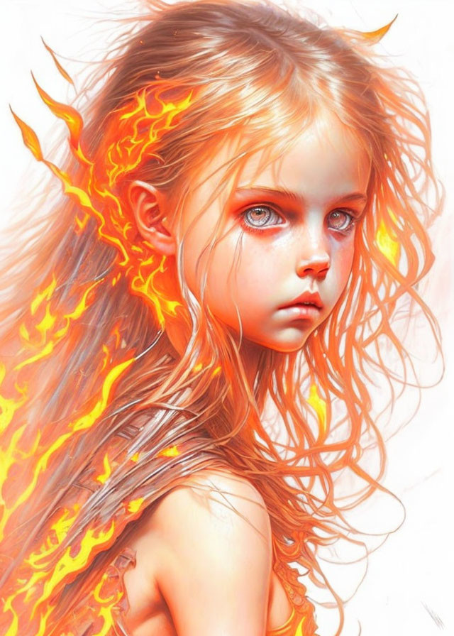 Digital painting: Young girl with fiery orange hair, engulfed in flames, red eyes, pale skin