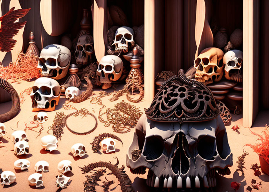 Macabre still life with skulls, metalwork, serpentine shapes, and chains