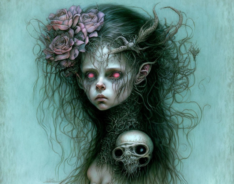 Fantasy artwork of pale girl with red eyes, crown of roses, holding a skull