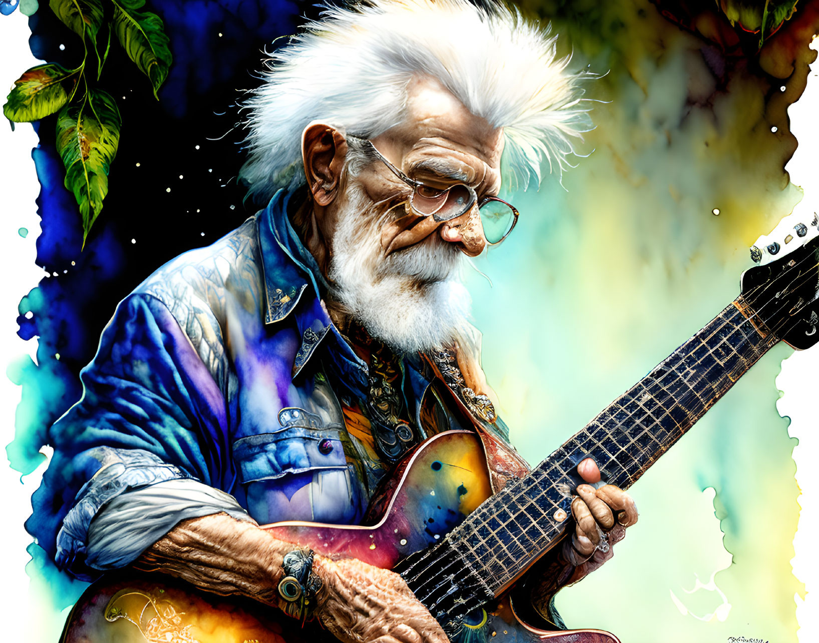 Elderly man playing electric guitar in denim jacket