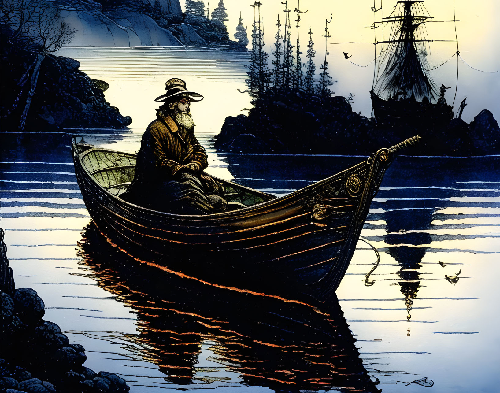 Man in hat rows boat at dusk with calm waters and ship silhouette.