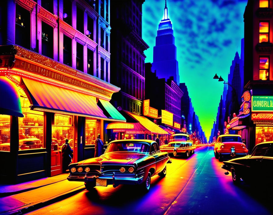 Vintage cars and neon-lit street scene with glowing storefronts and towering building at twilight