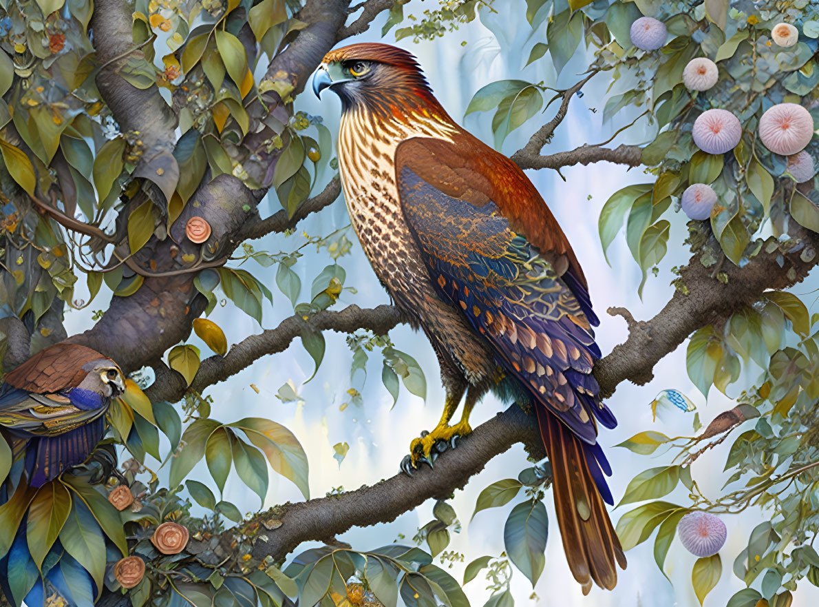 Colorful illustration of majestic bird on fruit tree branch.