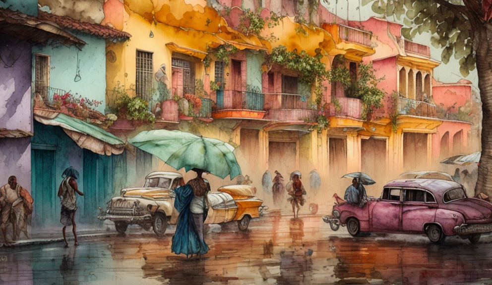 Colorful Colonial Buildings and Vintage Cars in Rainy Street Scene