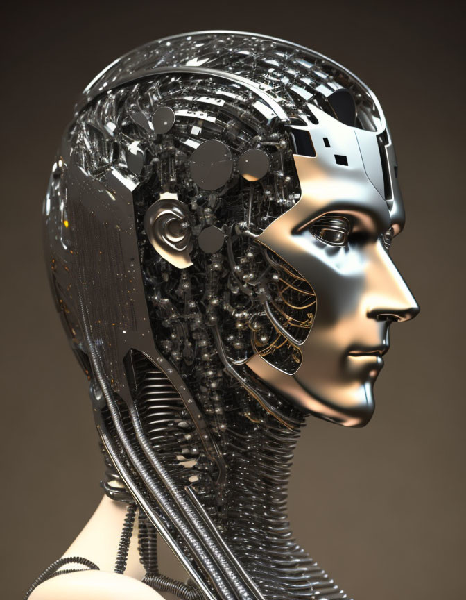 Detailed Side View of Transparent Cased Humanoid Robot Head