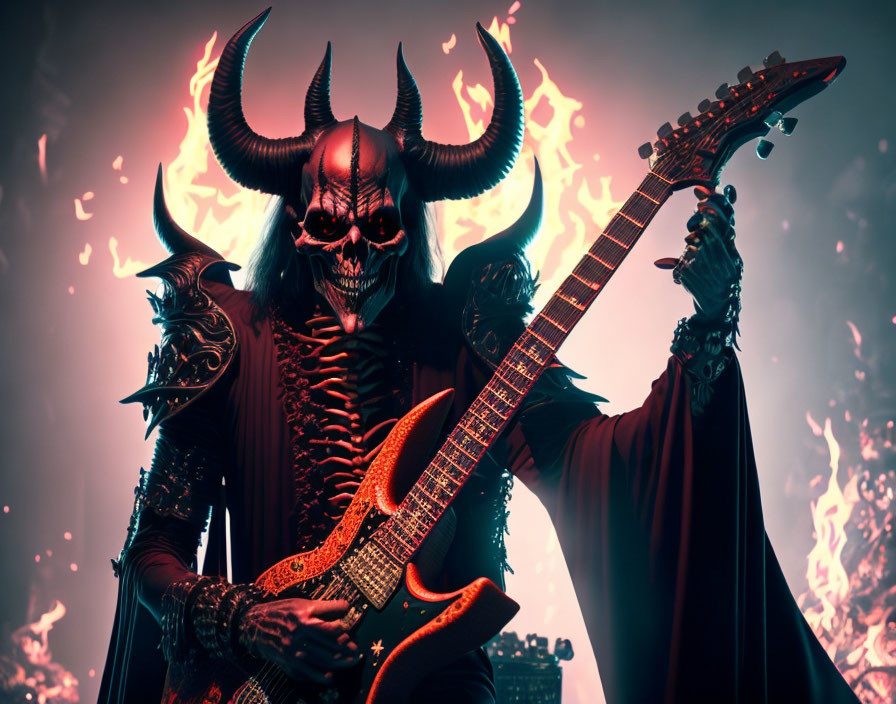 Skull-faced demon playing electric guitar in flames