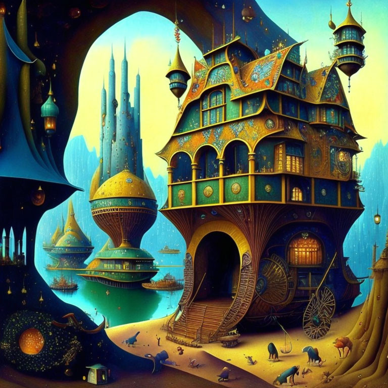 Fantastical building with spires and floating islands in colorful illustration