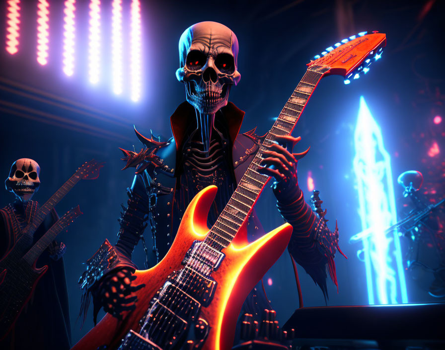 Vibrant 3D illustration: Skeleton playing electric guitar on stage