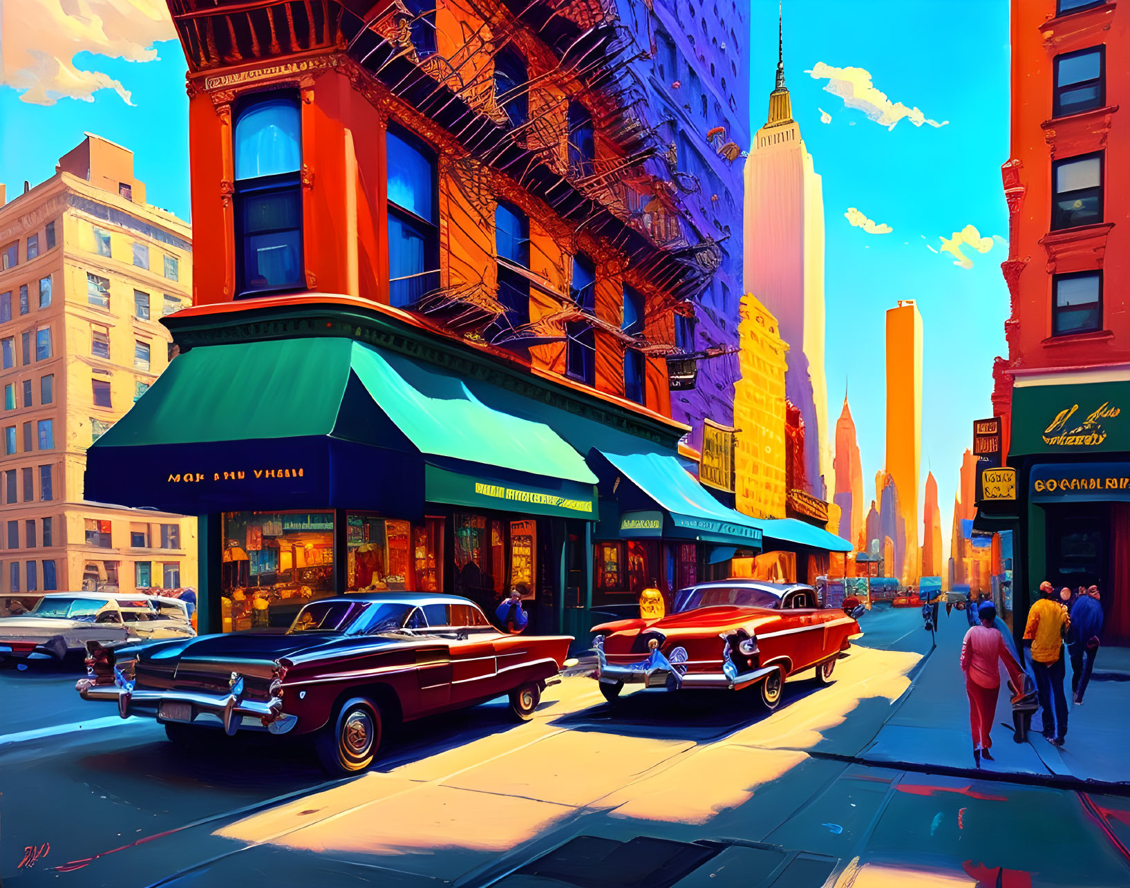 Classic cars, pedestrians, colorful buildings in vibrant street scene