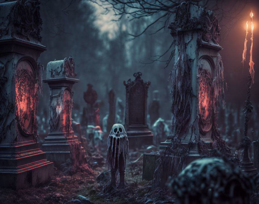 Misty Twilight Cemetery with Red Lighting and Skull