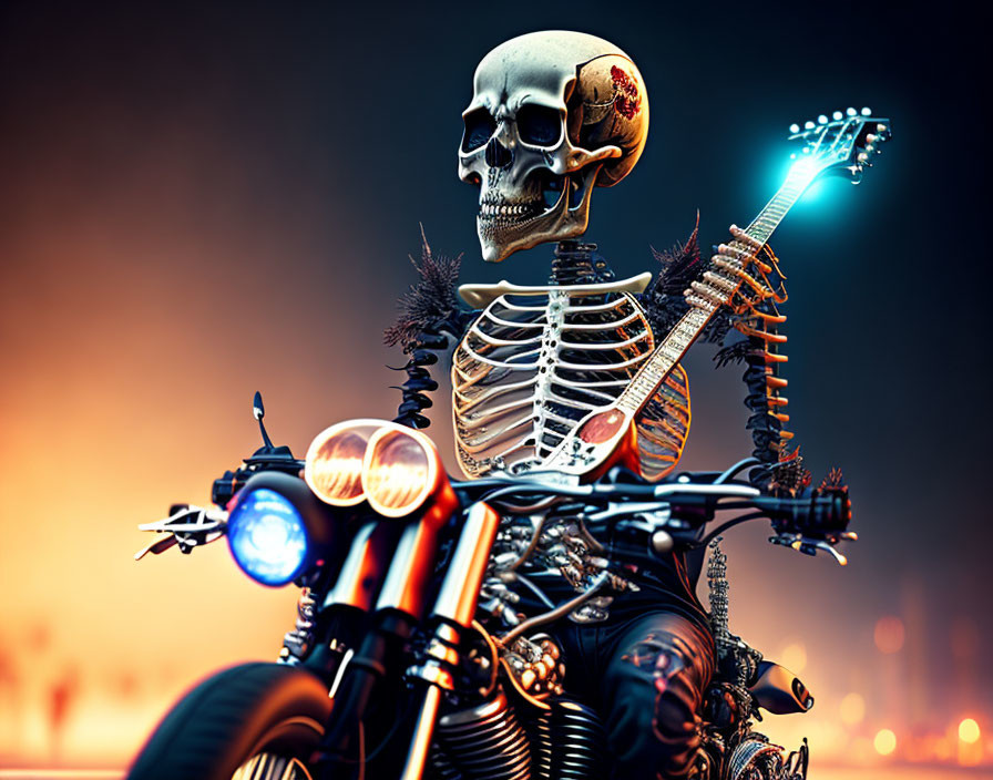 Colorful Cityscape Backdrop: Skeleton Riding Motorcycle in Moody Scene