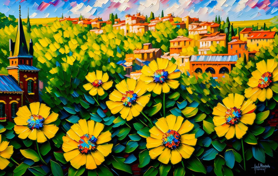 Vibrant Yellow Flowers and Village Scene in Thick Impasto Style