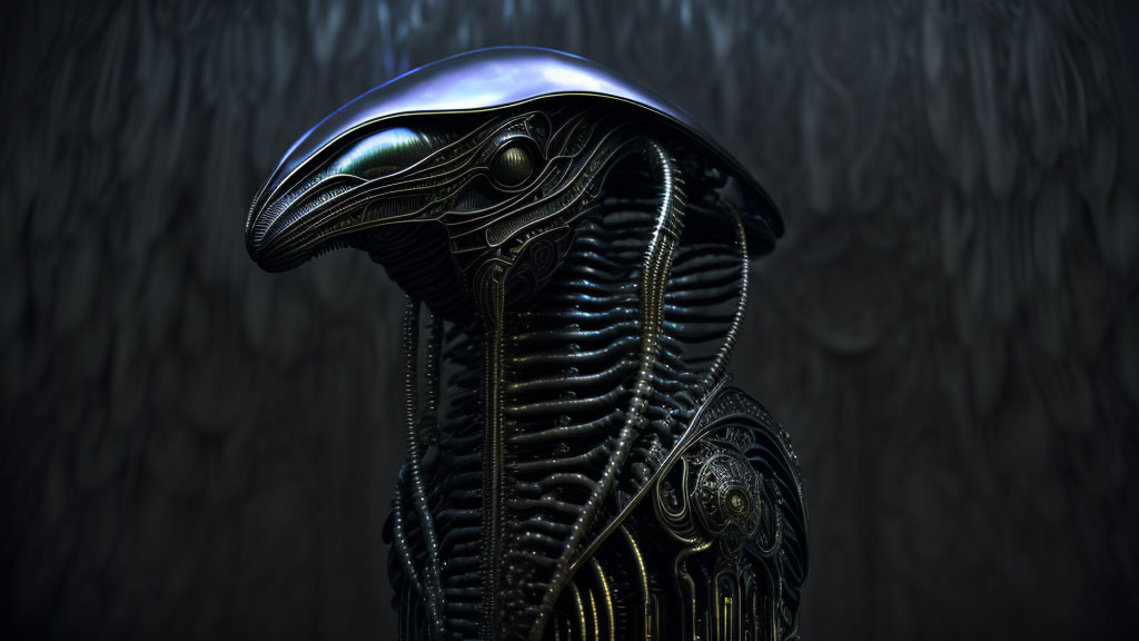 Detailed Alien Xenomorph Head with Glossy Carapace on Dark Background