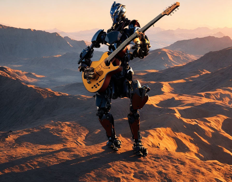 Robot playing electric guitar in desert sunset.