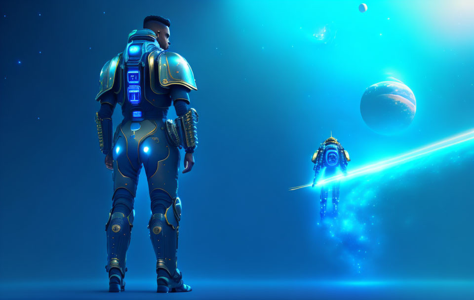 Futuristic soldier in powered armor with drone and distant planet in serene cosmic setting