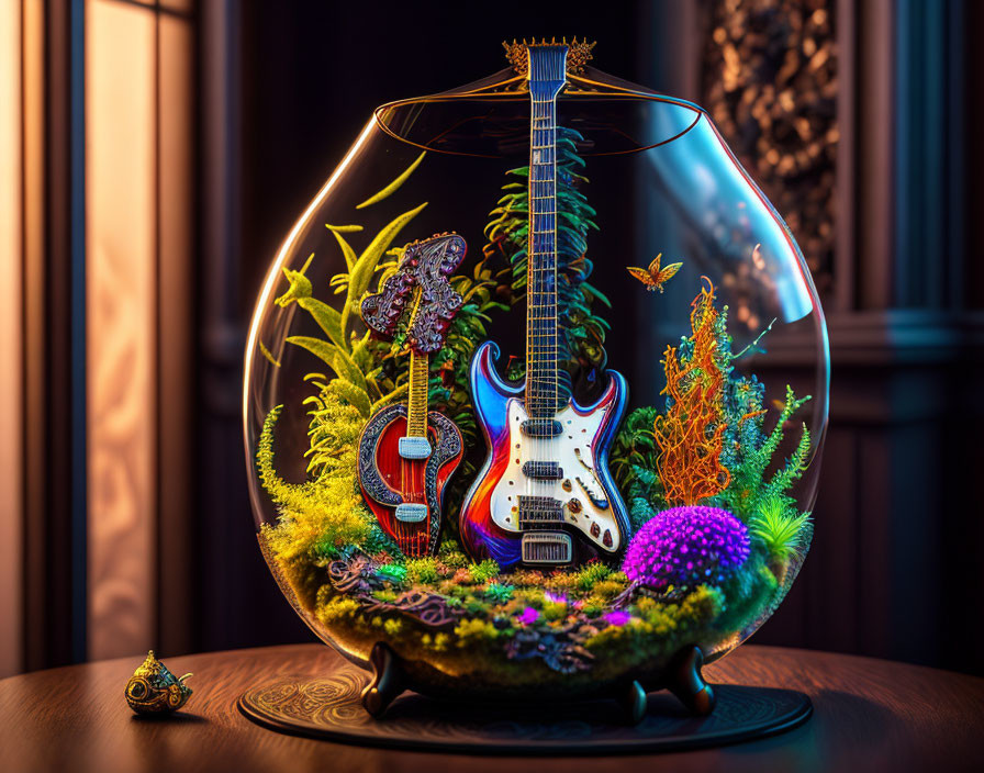 Colorful Terrarium with Miniature Guitar, Trees, and Butterfly in Glass Bowl