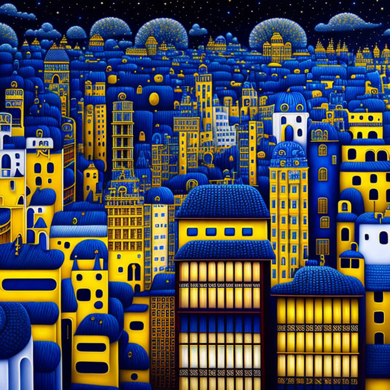 Surreal cityscape with yellow and blue buildings under starry night sky