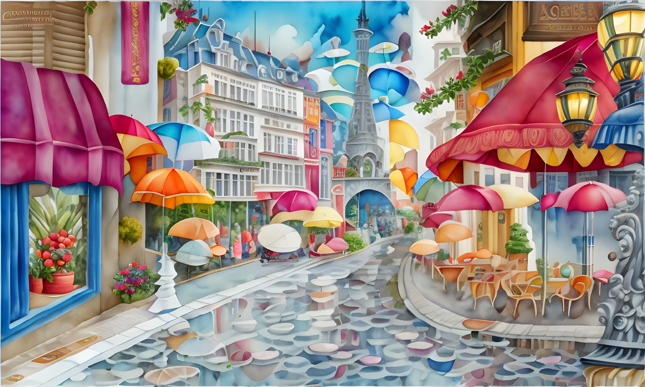 Colorful Umbrellas Floating Above Wet Cobblestone Path in Whimsical Street Scene