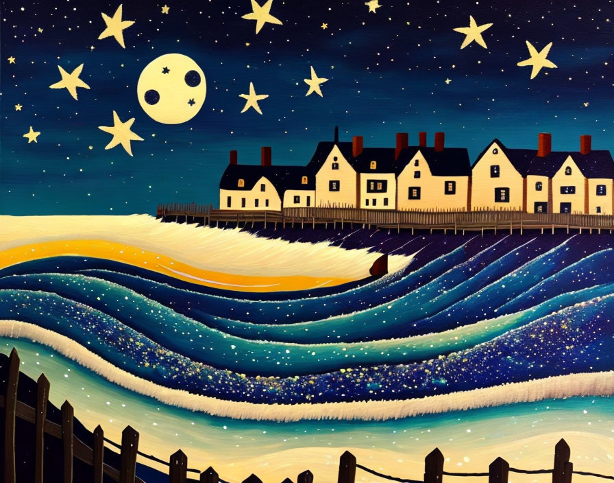 Starry night sky painting of houses on pier and luminous sea