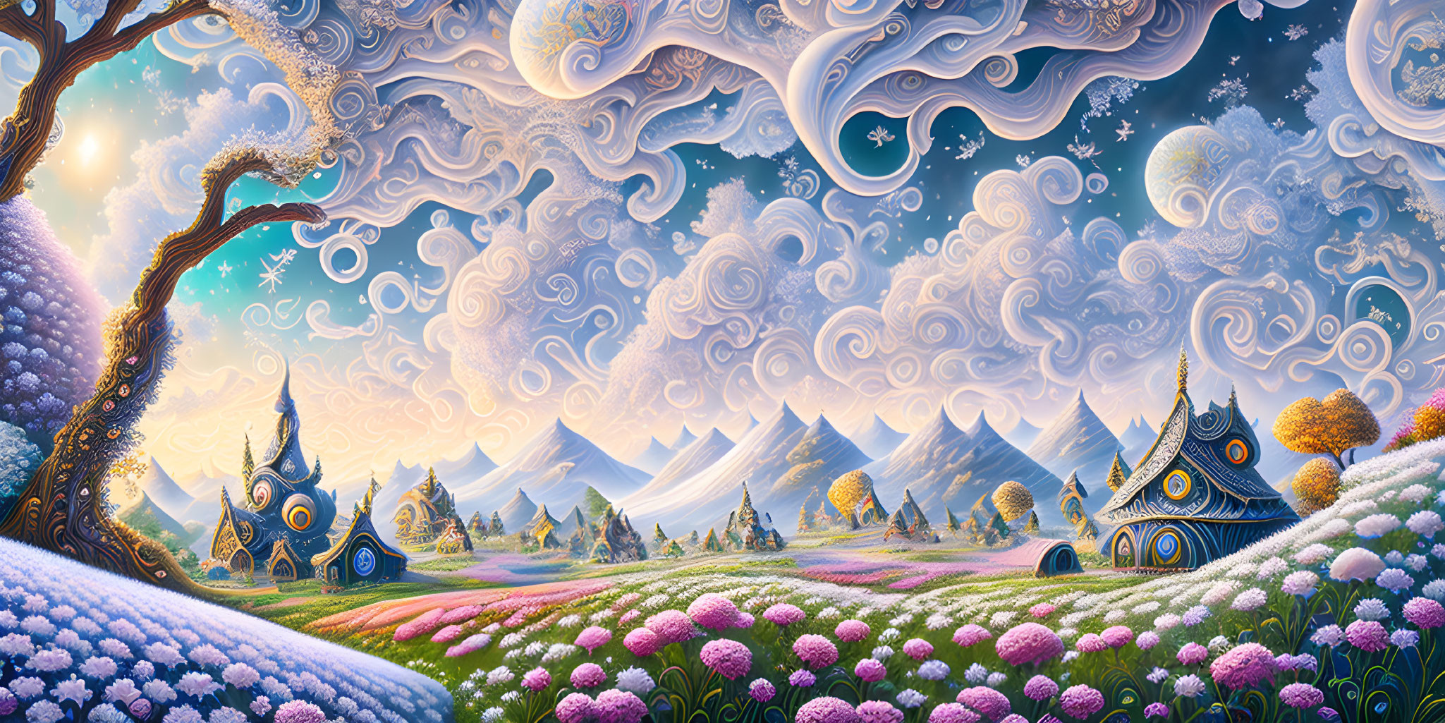 Colorful whimsical landscape with swirling skies and fantasy elements