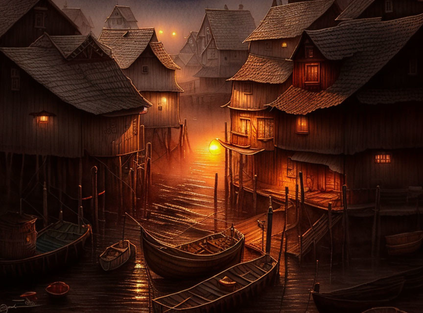 Traditional waterside village: Misty evening, wooden houses on stilts, glowing lanterns, row