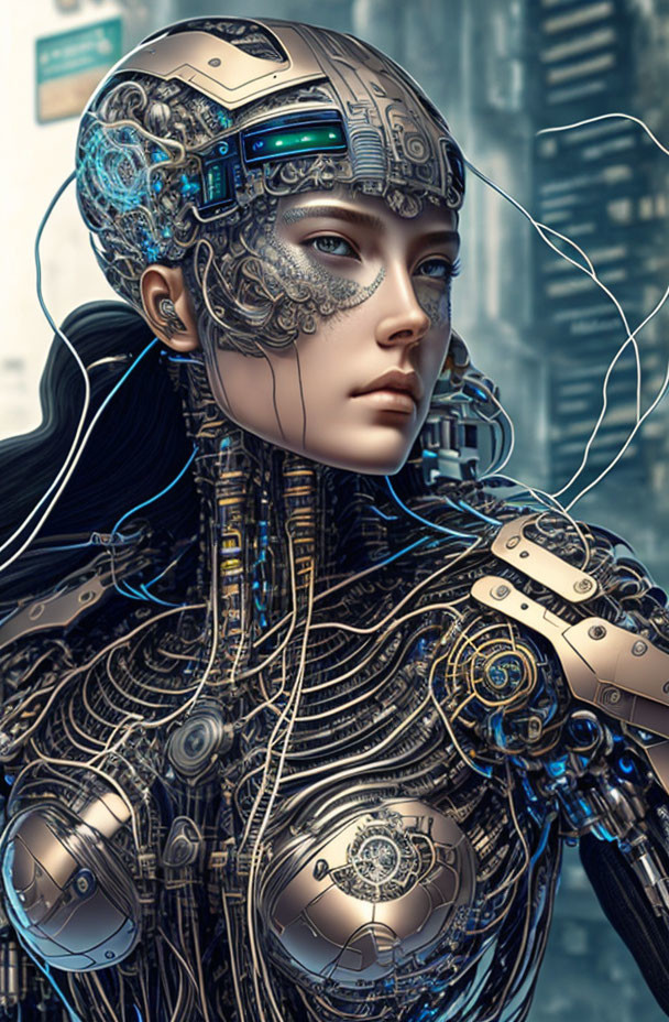 Detailed Illustration: Female Android with Cybernetic Parts in Urban Setting