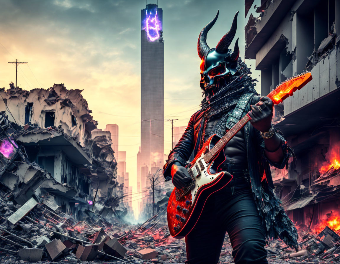 Demon costume player rocks electric guitar in fiery urban scene with purple crystals.