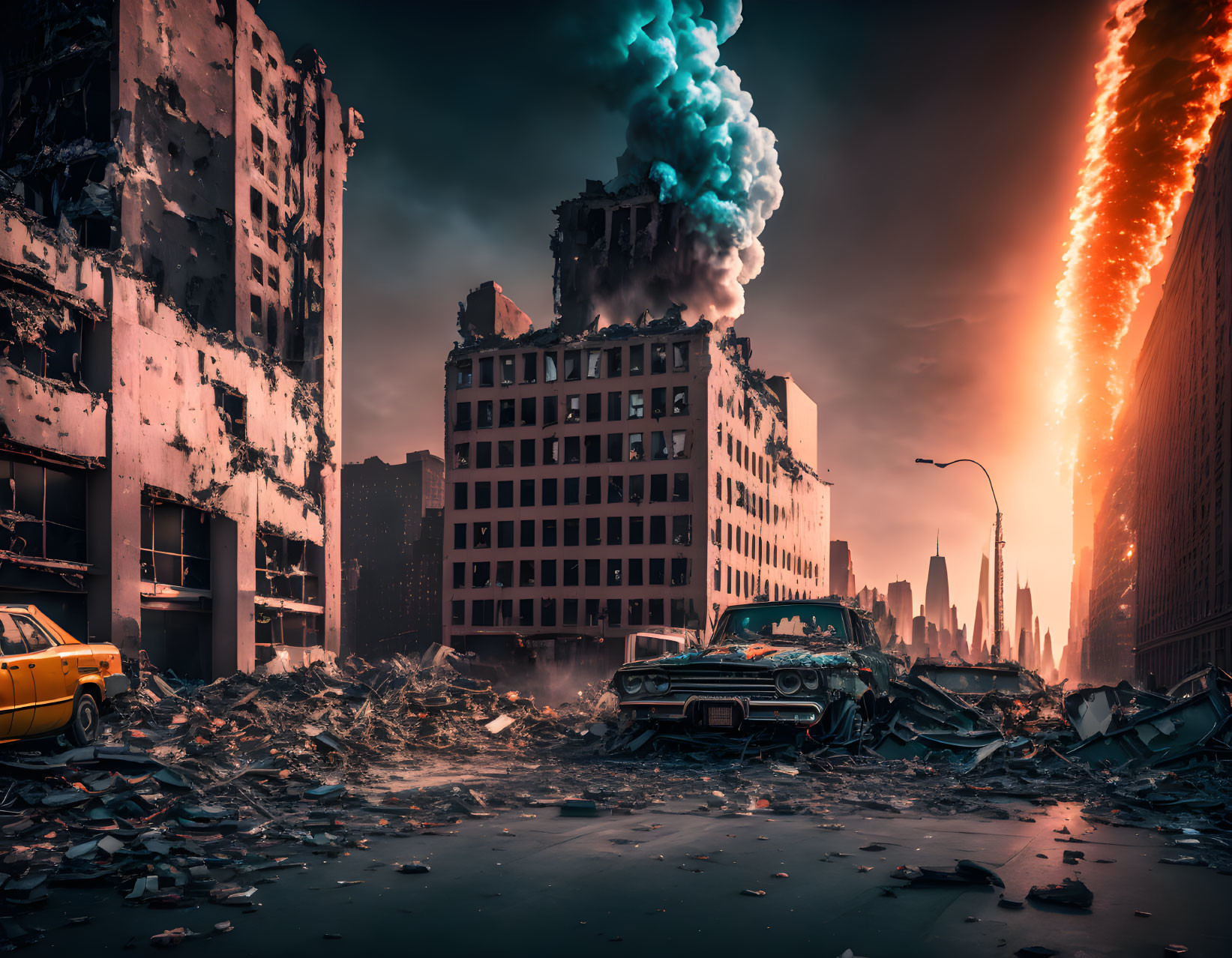 Destroyed cityscape with damaged buildings, fiery sky, rubble, abandoned car, smoke plumes