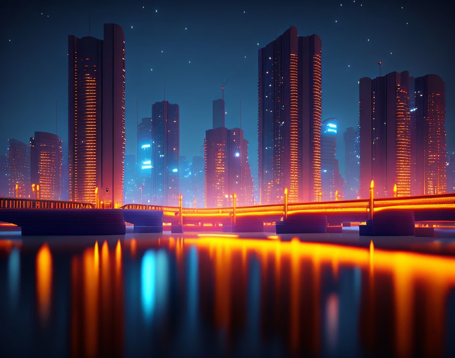 Nighttime futuristic cityscape with illuminated high-rises, bridges, and starlit sky