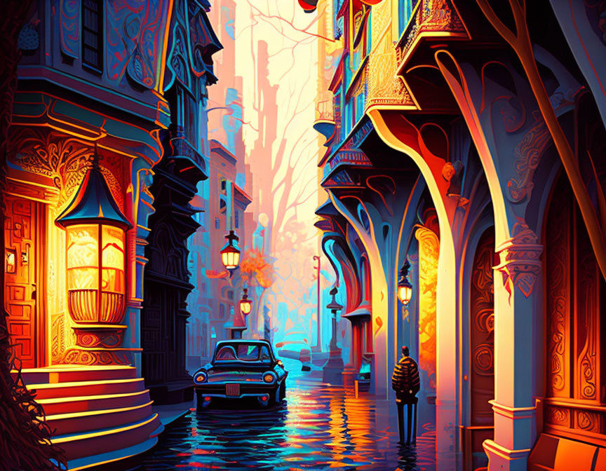 Digital artwork: Picturesque street at dusk with stylized buildings, classic car, and warm street lamps