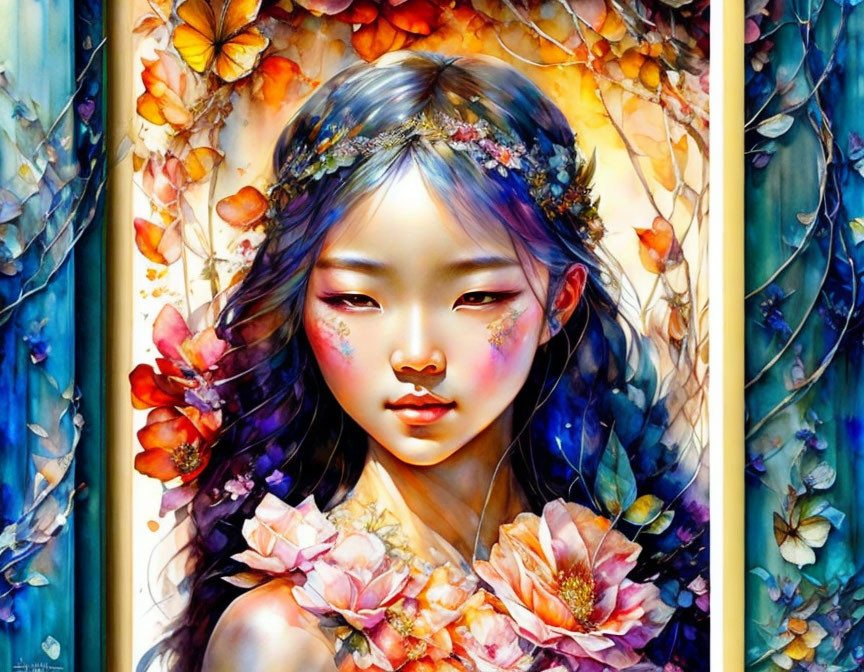 Colorful artwork of young woman with flowers and butterflies