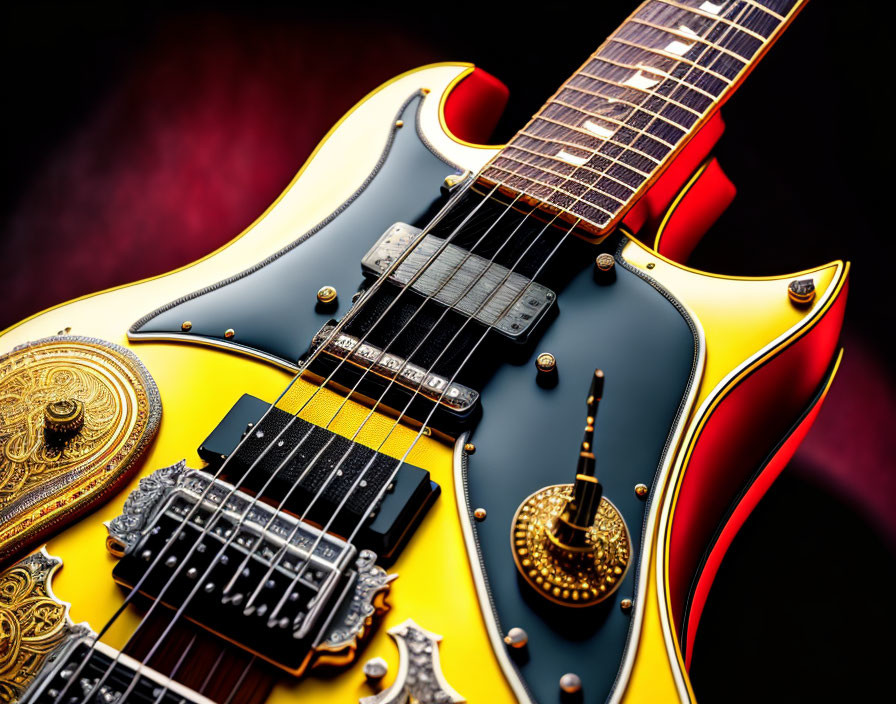 Electric Guitar with Sunburst Finish and Gold Hardware on Red and Black Background