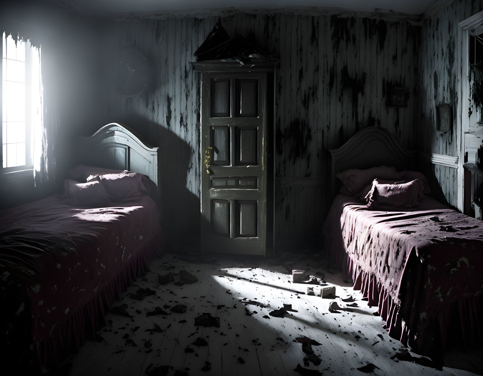 Abandoned room with two beds, debris, wardrobe, and streaked walls