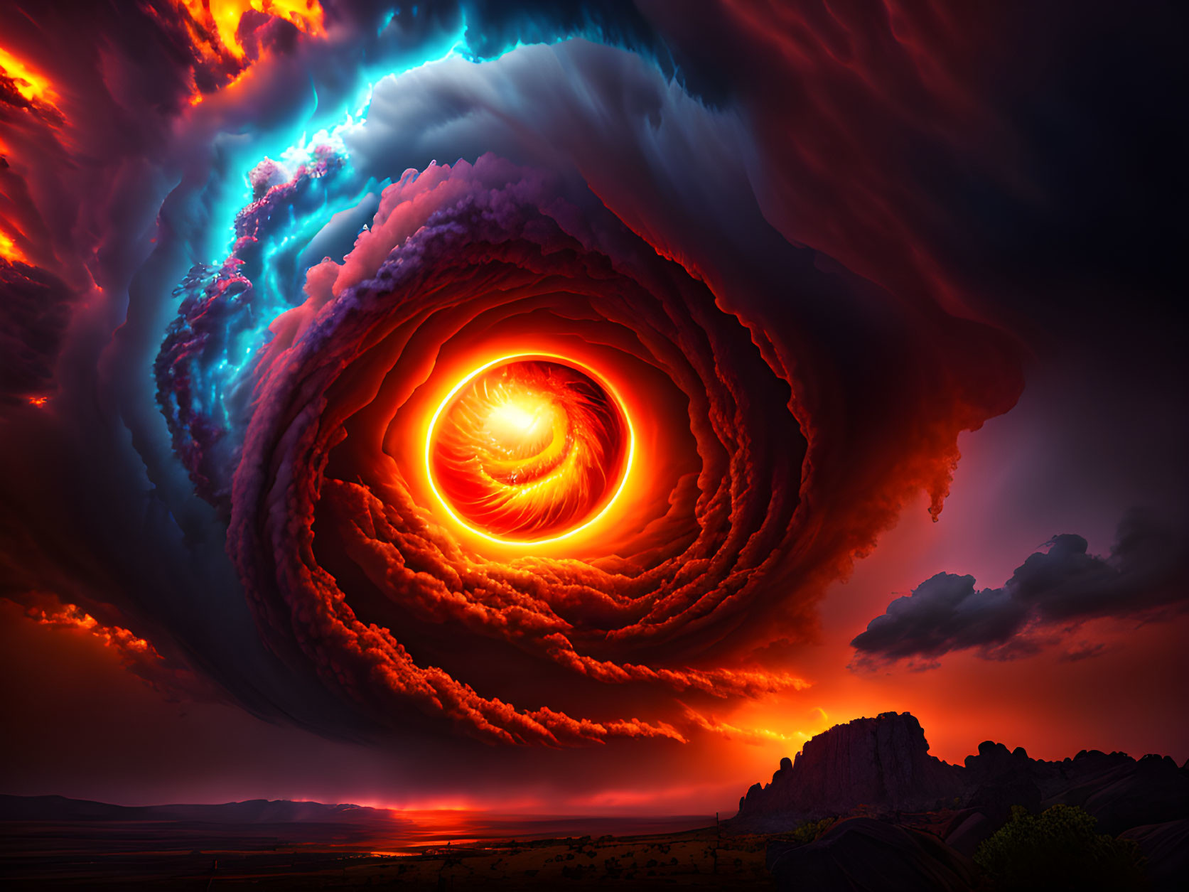 Vibrant surreal image: colossal eye-shaped storm with fiery clouds.