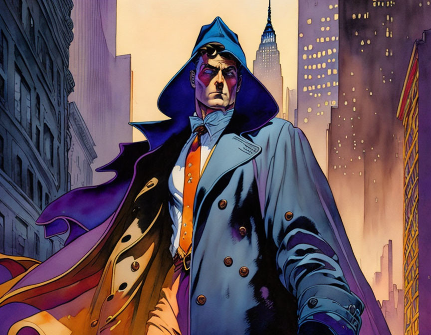 Suave superhero with cape in front of cityscape at dusk