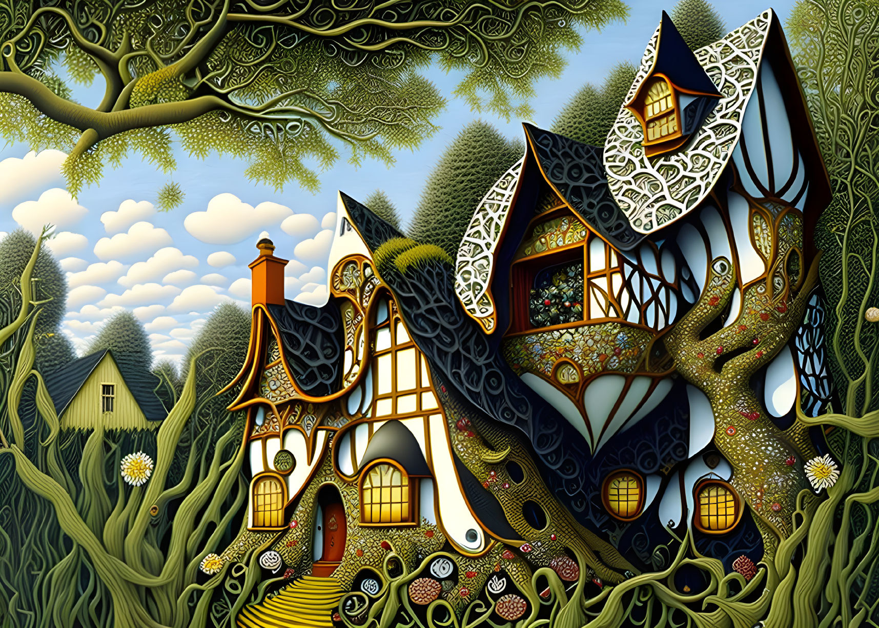 Detailed Illustration: Fantastical House in Enchanted Forest