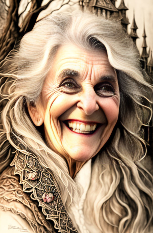 Elderly woman with white hair, wide smile, and ornate clothing.