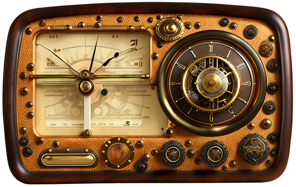 Steampunk radio with brass dials and gears in wooden casing