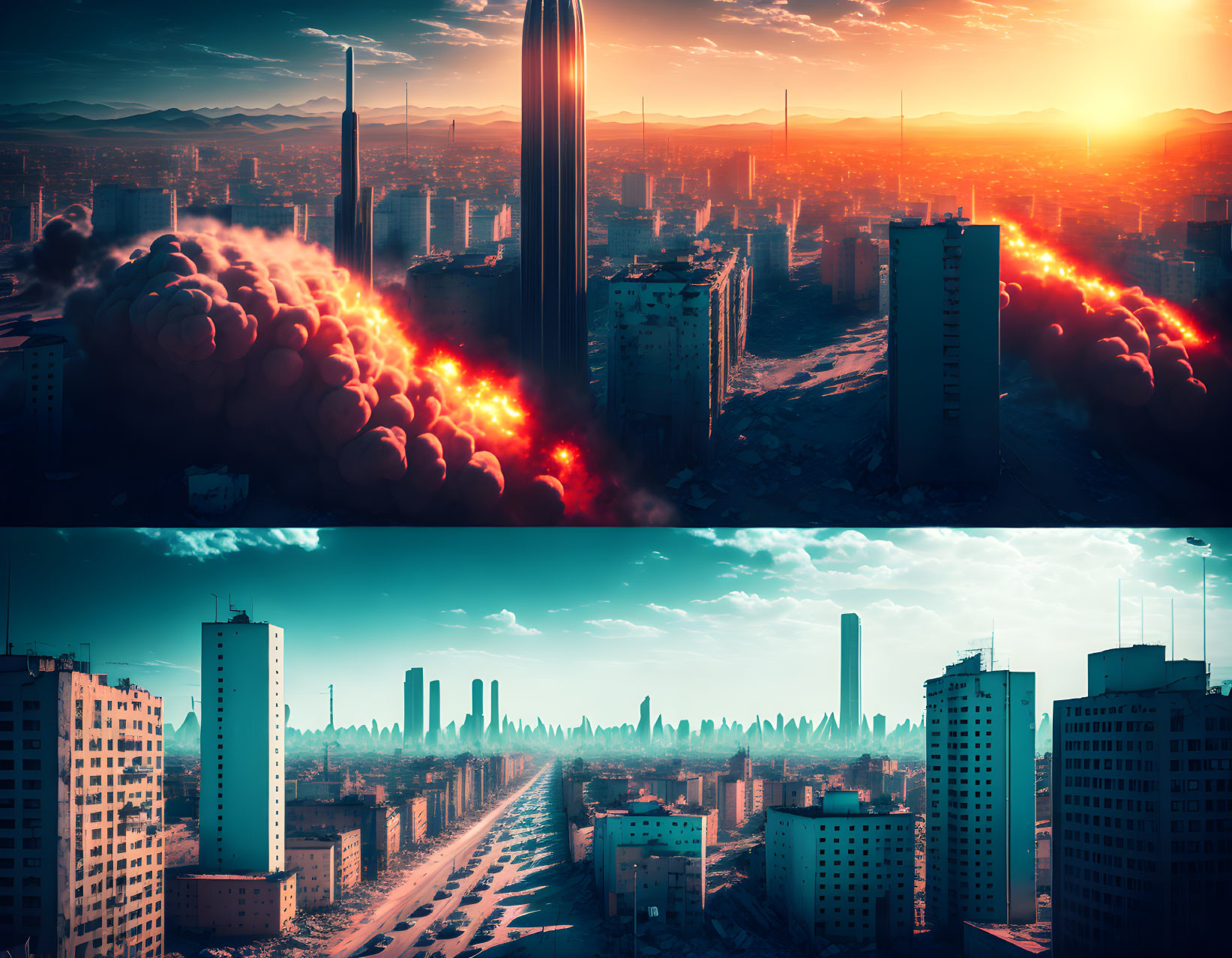 Split-view image: Fire explosion vs. serene city skyline