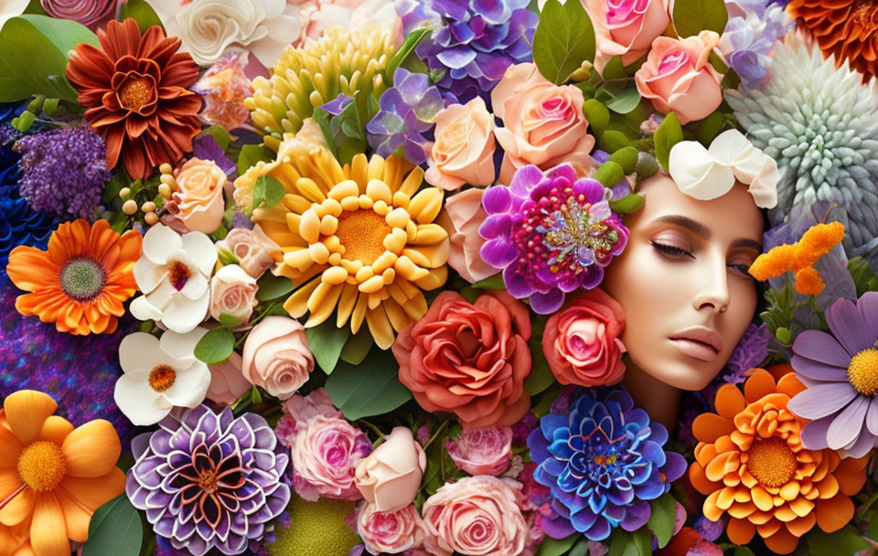 Vibrant flower arrangement encircling a peaceful woman's face in a harmonious blend